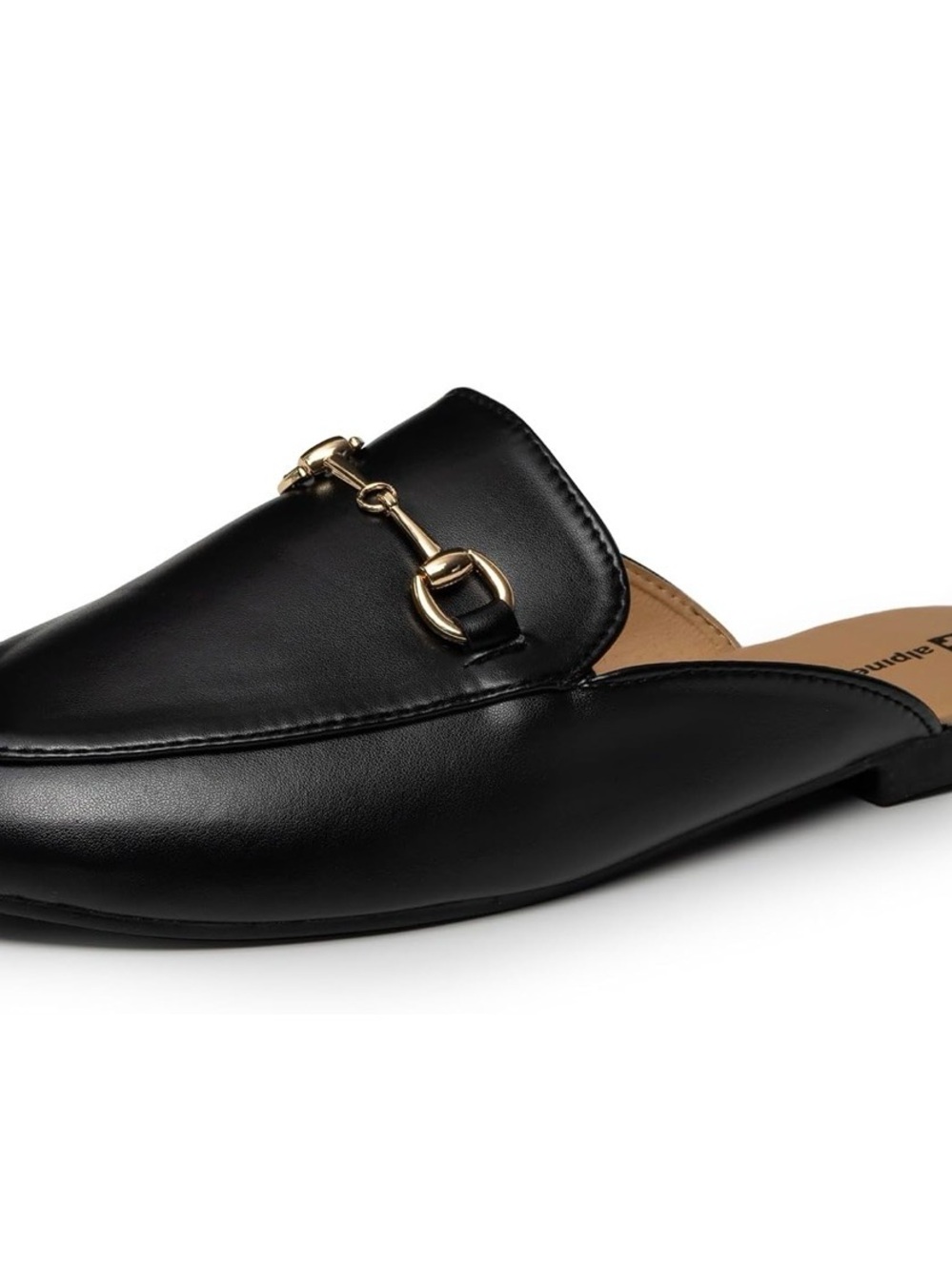 Alpine Swiss Black Leather Mule with Gold Bit Accent